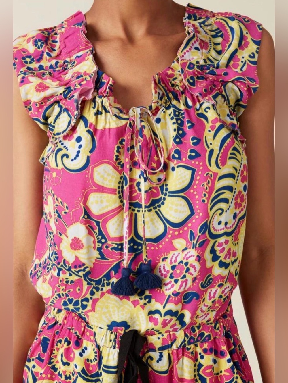 FIGUE Gianna Sleeveless Short Sleeve Blouse Top Pink Yellow Paisley Fleur XS